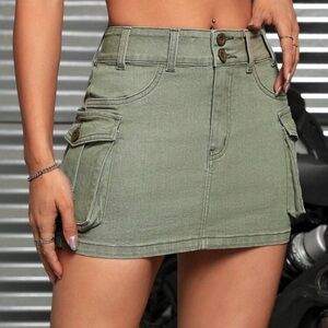 Olive Green Cargo Pocket Denim Mini Skirt